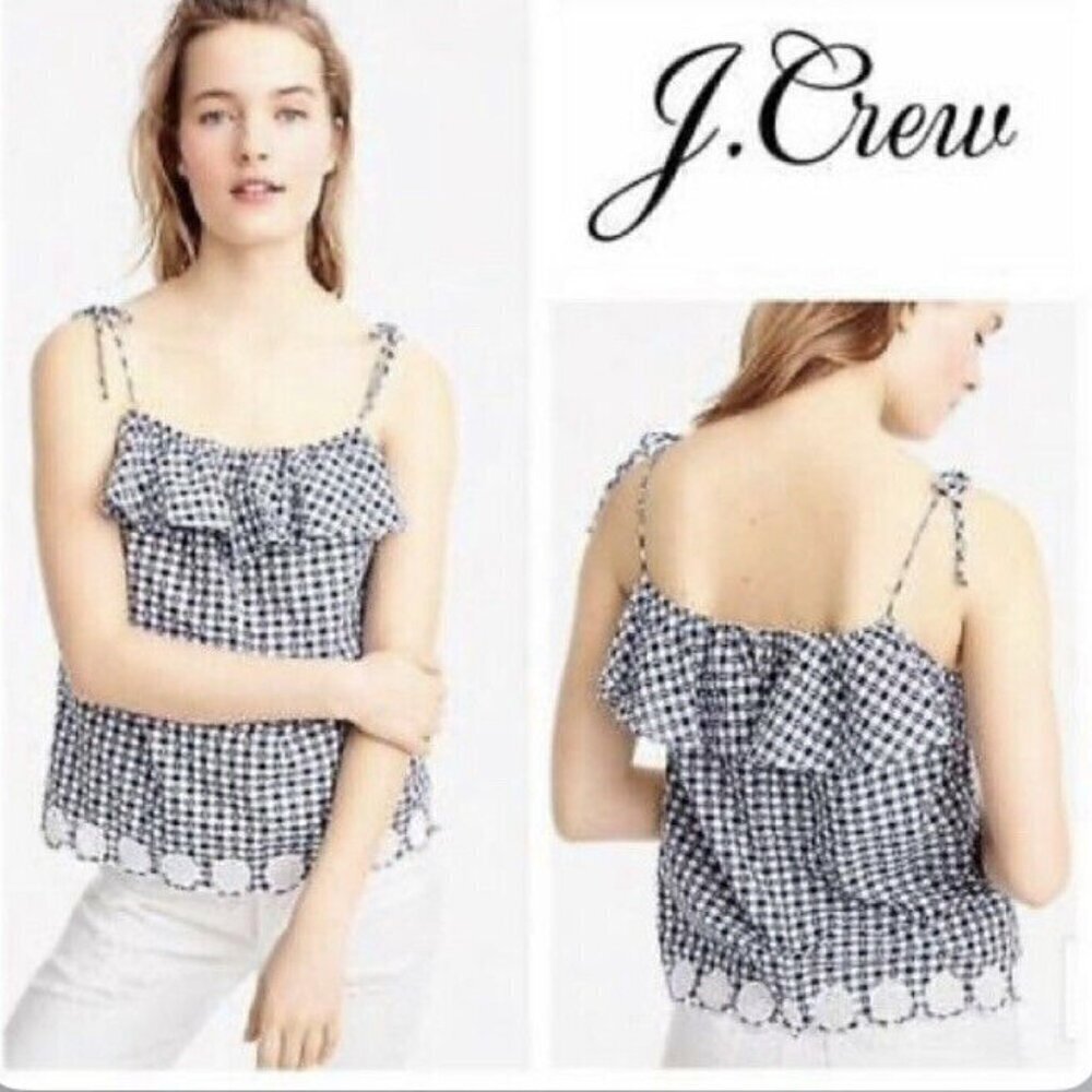 J. Crew Gingham Eyelet Trim Embroidered Ruffle Top Tie Shoulder Cotton Top Sz. 4